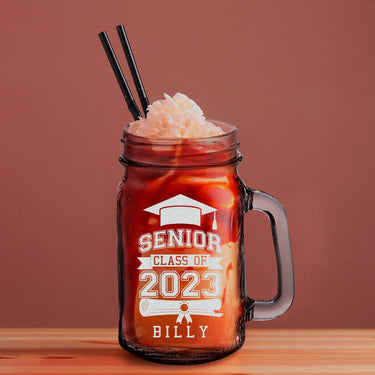 Personalized Name/Text Drinking Mug Glass | Etched Graduate Jar Glass